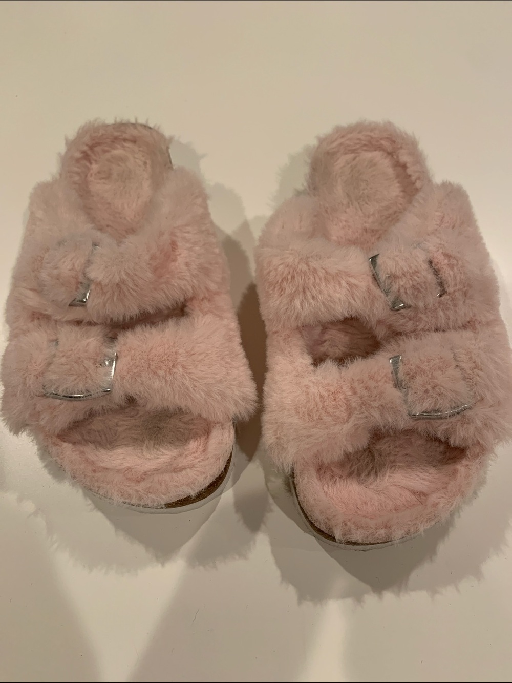 Plush Pink Fuzzy Double-Buckle Slide Slippers